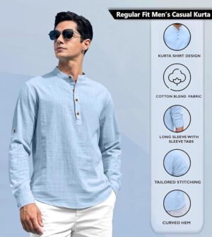 Zombom Cotton Blend Solid Casual Regular Fit Mandarin/Chinese Collor Short Kurta for Men